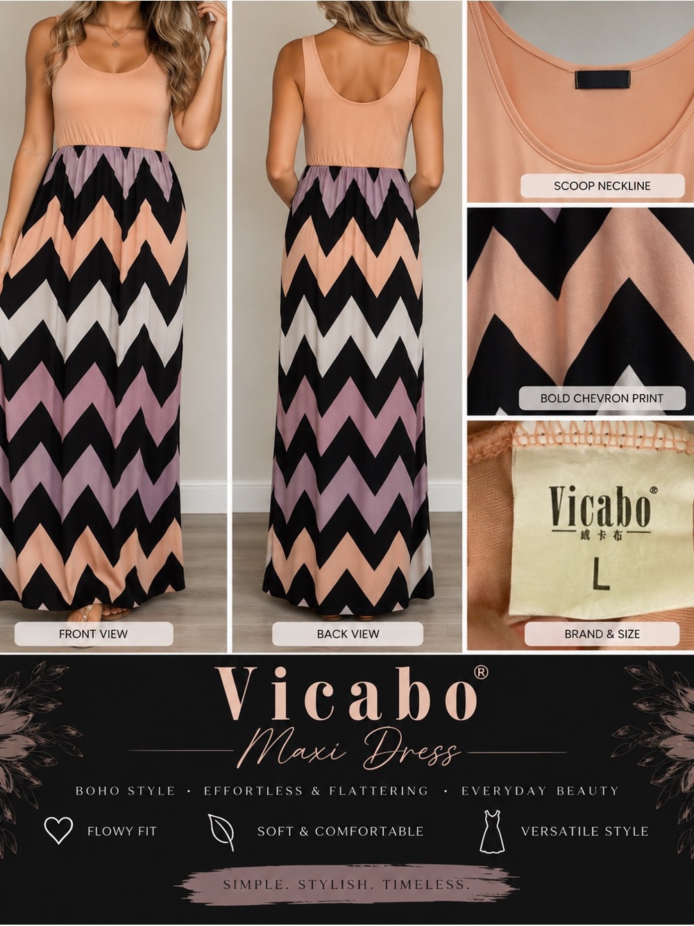 Sleeveless Chevron Maxi Dress in Peach, Black & Lavender